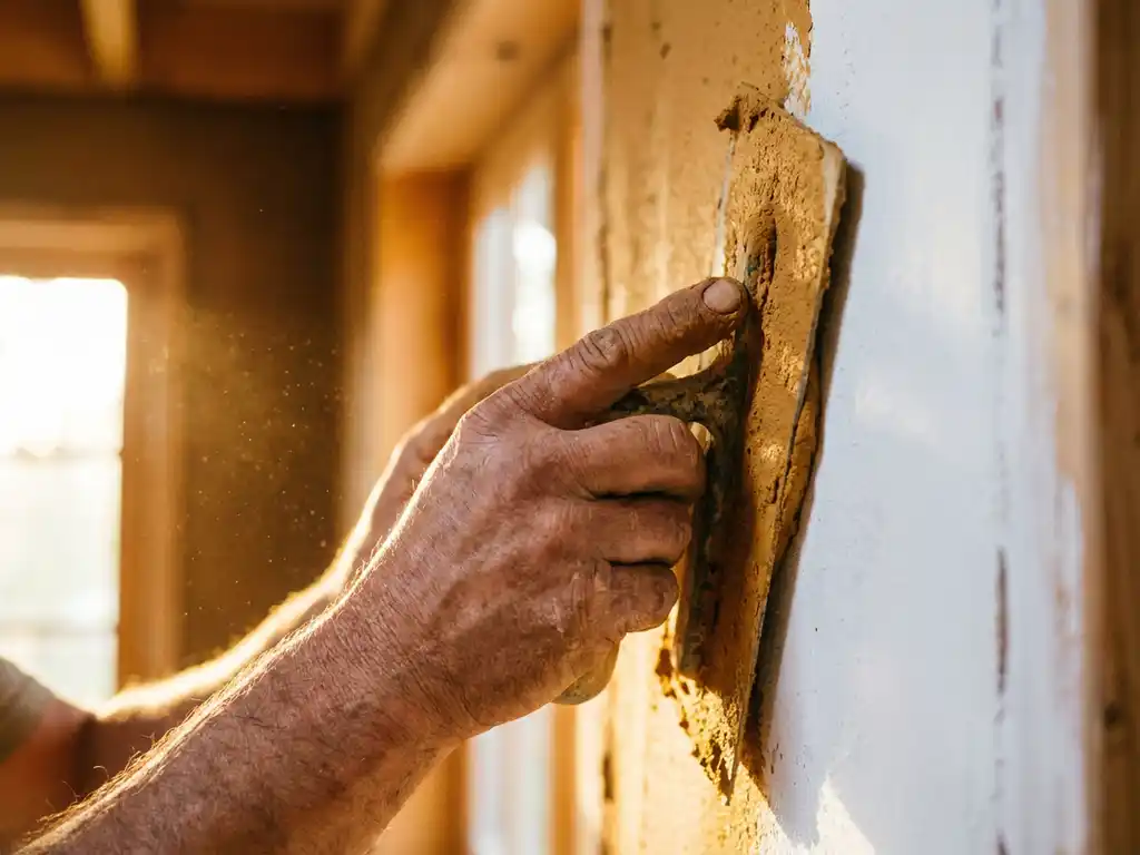 Handwerker trägt frischen Lehm-Naturputz mit geübten Händen auf weiße Innenwand auf, warmes Sonnenlicht beleuchtet die Szene