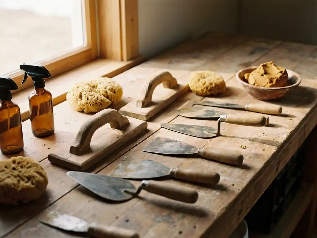 Traditionelle Lehmputz-Werkzeuge auf verwitterter Holzwerkbank mit Kellen, Schwämmen und Sprühflaschen bei warmem Fensterlicht