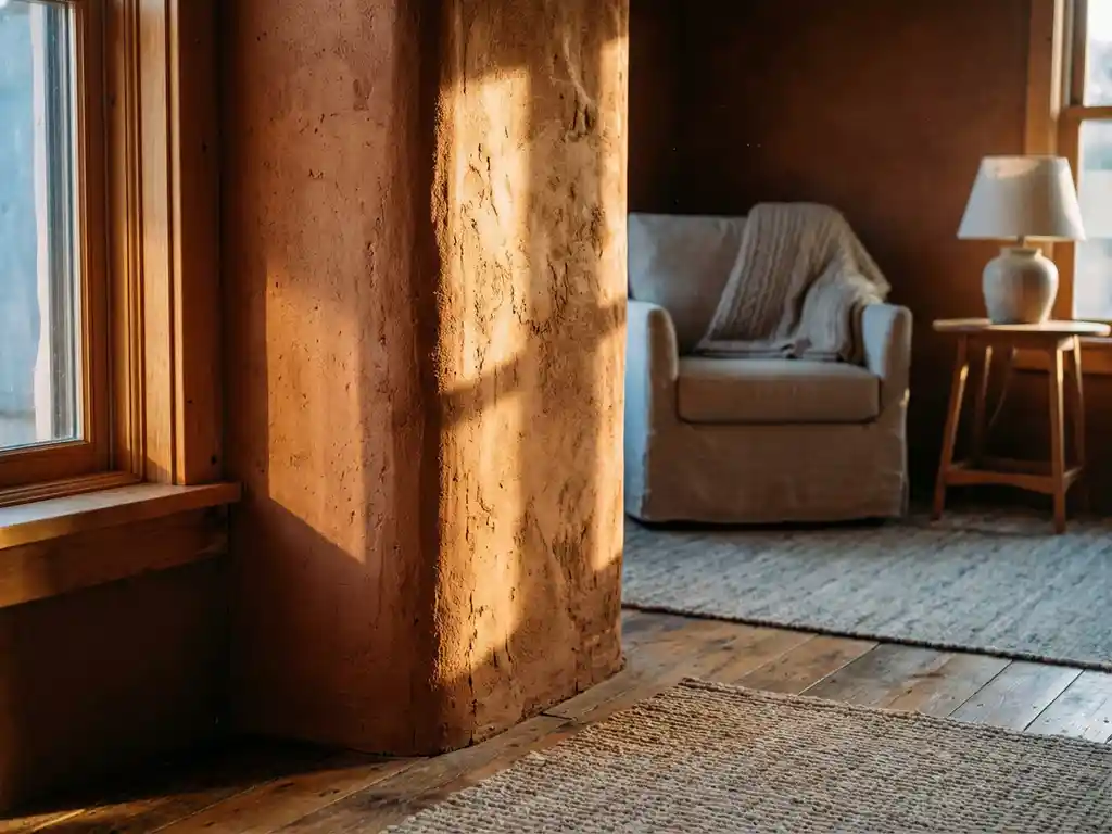 Dicke Lehmwand mit Terrakotta-Textur in warmem Sonnenlicht, das durch Fenster fällt und sanfte Schatten wirft
