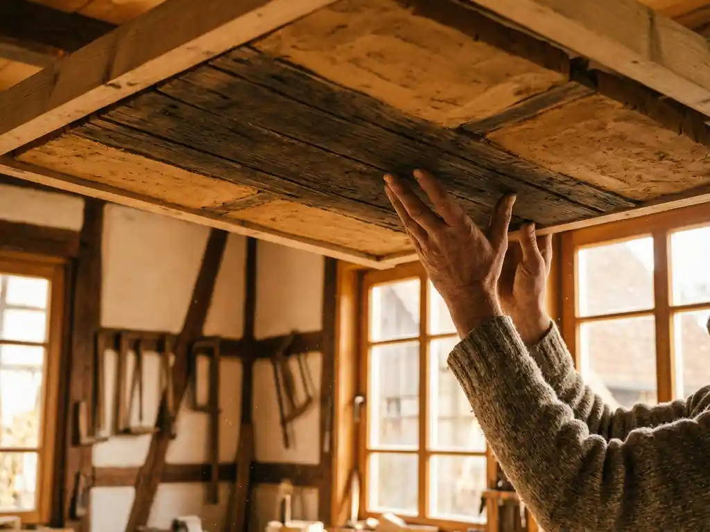 Handwerker positioniert Lehm-Holz-Verbunddeckenplatte in traditioneller deutscher Fachwerkwerkstatt bei goldenem Nachmittagslicht
