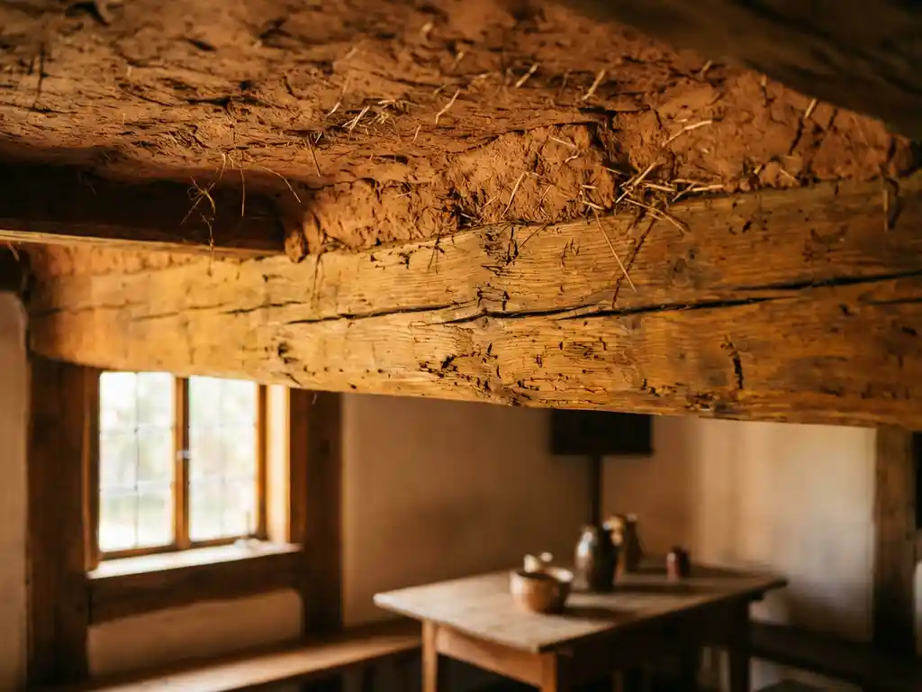 Verwitterter Holzbalken stützt Lehmdecke in traditionellem deutschem Bauernhaus, warmes Sonnenlicht betont Holzmaserung