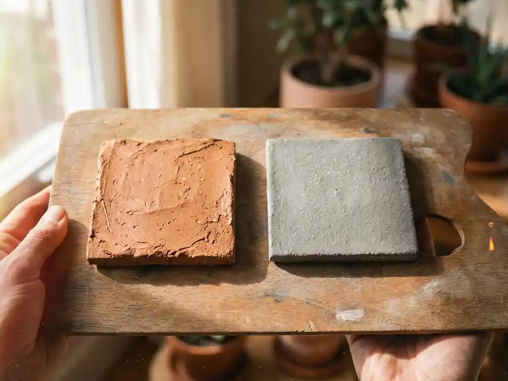 Holzpalette mit zwei Farbproben: erdige Tonfarbe mit organischen Partikeln und glatte Mineralfarbe in Terrakotta und Steingrau
