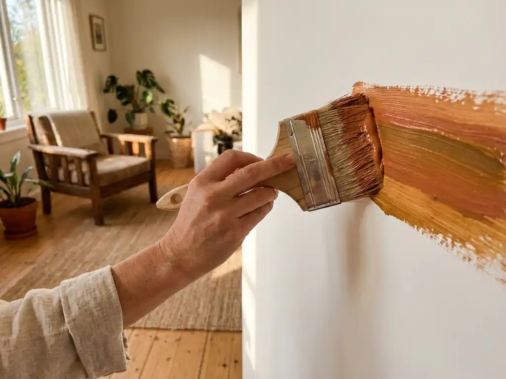 Hand mit Naturborstenpinsel trägt erdige Lehmfarbe in gleichmäßigen Strichen auf weiße Wohnzimmerwand auf