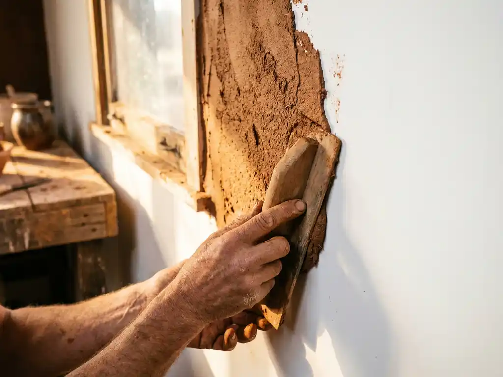 Handwerker trägt erdigen Lehm-Putz auf weiße Gipswand auf, natürliches Licht betont Texturkontrast