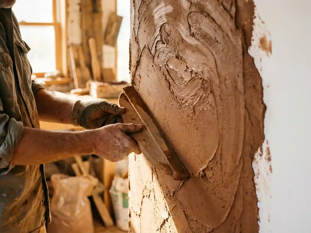 Handwerker trägt braunen Lehm-Putz mit breiter Kelle auf weiße Innenwand auf, warmes Sonnenlicht beleuchtet Arbeitsplatz