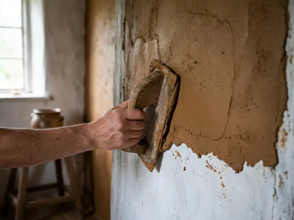Handwerker trägt mit Holzkelle frischen Lehmputz über weißen Wandputz auf, natürliche Brauntöne treffen auf helle Basis