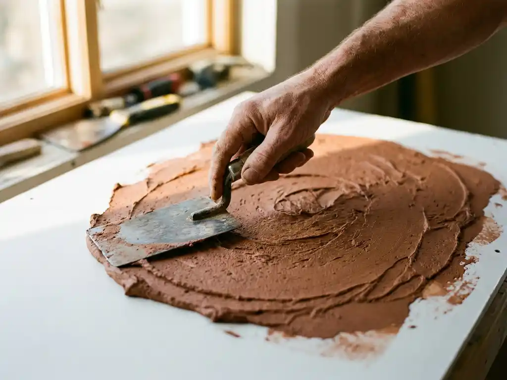 Handwerker trägt braunen Lehm-Putz mit Metallkelle auf weiße Trockenbauwand auf, warmes Tageslicht beleuchtet die Arbeit