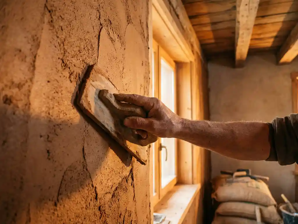 Handwerker trägt mit Holzkelle frischen Lehm auf rustikale Innenwand auf, warmes Licht betont Erdtöne