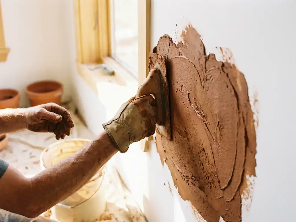 Handwerker trägt erdigen Lehm-Putz mit den Händen auf weiße Innenwand auf, warmes Sonnenlicht beleuchtet den Arbeitsplatz