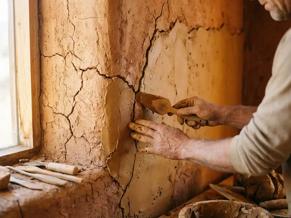 Handwerker trägt frischen Lehm mit Holzkelle auf rissige Innenwand auf, warmes Licht beleuchtet Reparaturarbeiten