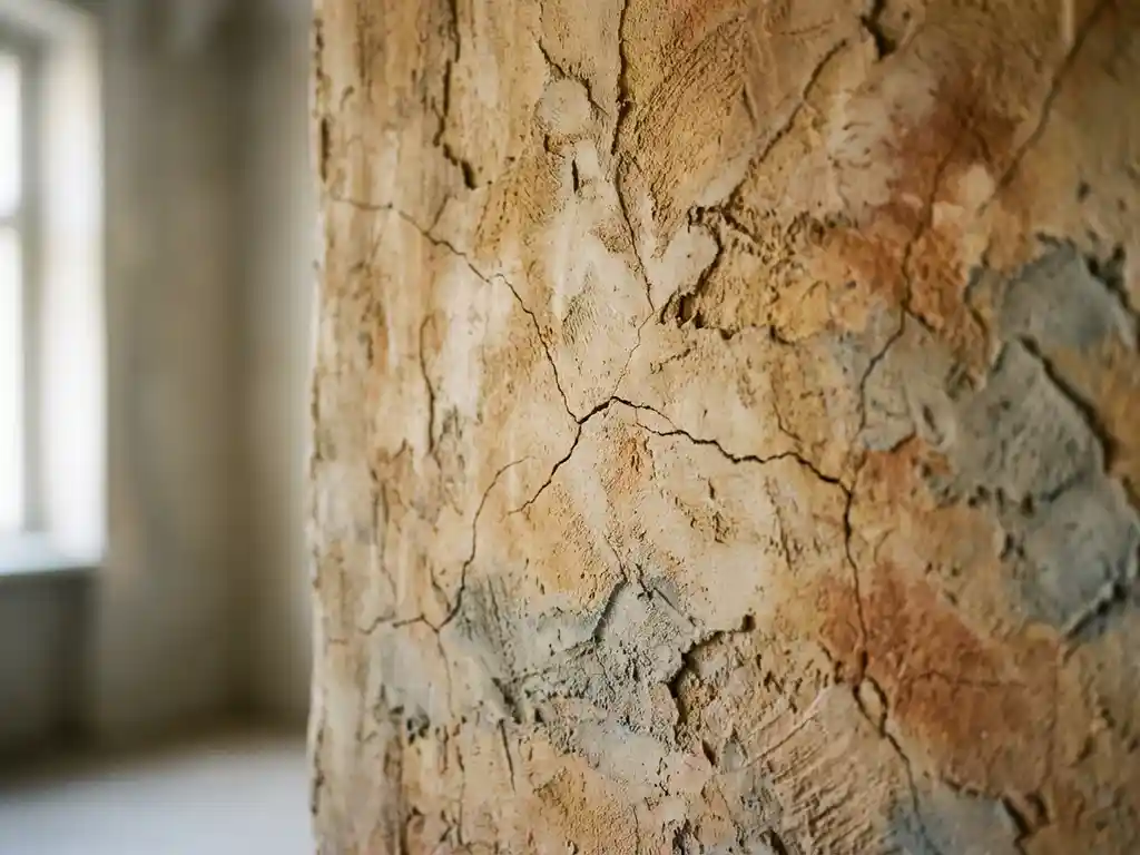 Lehmputzwand mit feinen Haarrissen und unebener Textur in warmem Braun und Beige bei natürlichem Tageslicht