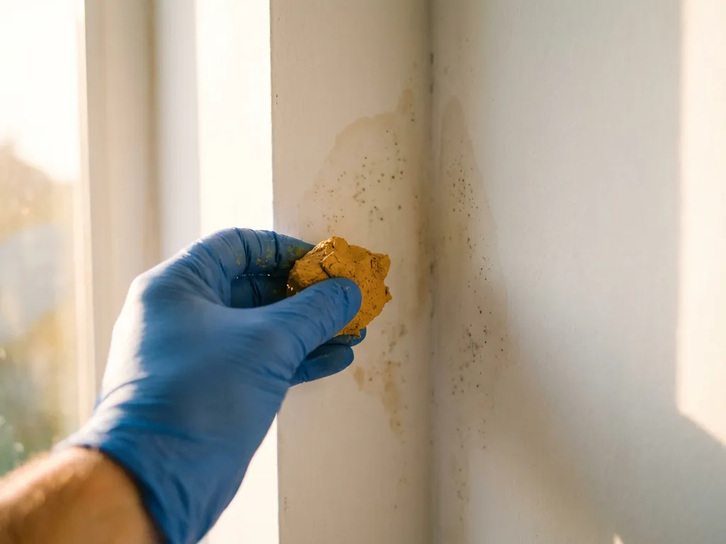 Professionelle Hand mit Handschuh hält natürlichen Lehmputz gegen feuchte Wand mit beginnender Schimmelbildung