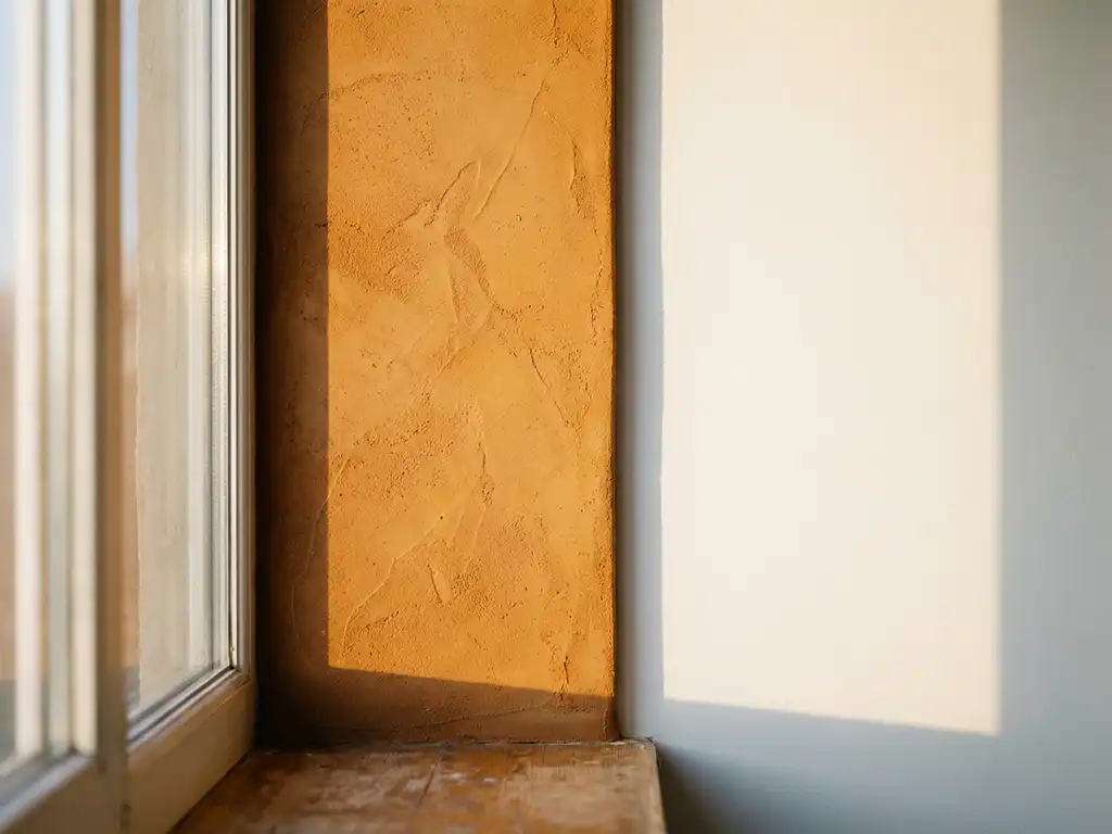 Terrakotta-Lehmwand neben weißer Wand im warmen Sonnenlicht, zeigt organische Textur versus glatte Oberfläche