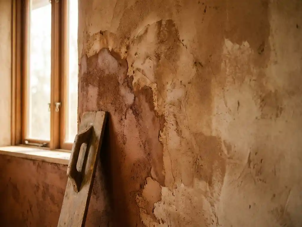 Frisch aufgetragene Lehmputzwand mit natürlichen Trocknungsstufen, hölzerne Kelle lehnt an terrakottafarbener Oberfläche