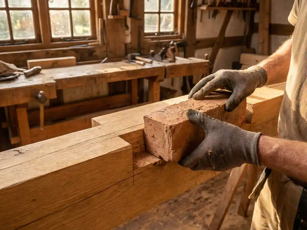 Handwerker fügt Tonziegel in Holzbalkenverbindung ein, traditionelle deutsche Fachwerkwerkstatt mit Eichenarbeitsplatz