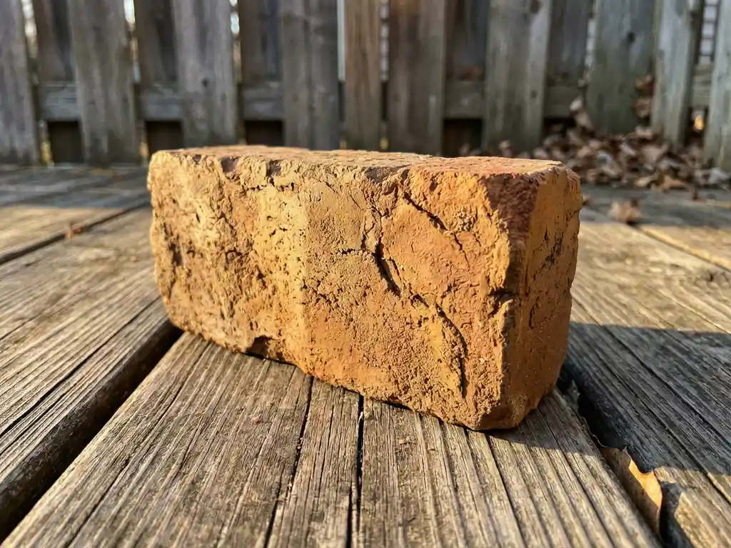 Einzelner erdbrauner Lehmziegel auf verwitterten Holzplanken mit warmen Sonnenlicht und sichtbarer rauer Textur