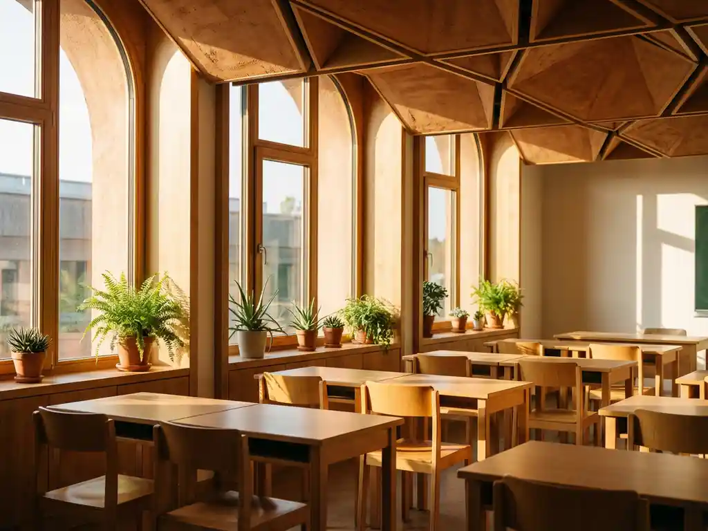 Modernes Klassenzimmer mit Holz-Lehm-Decke, leeren Holzschreibtischen in Reihen und Topfpflanzen am sonnigen Fenster