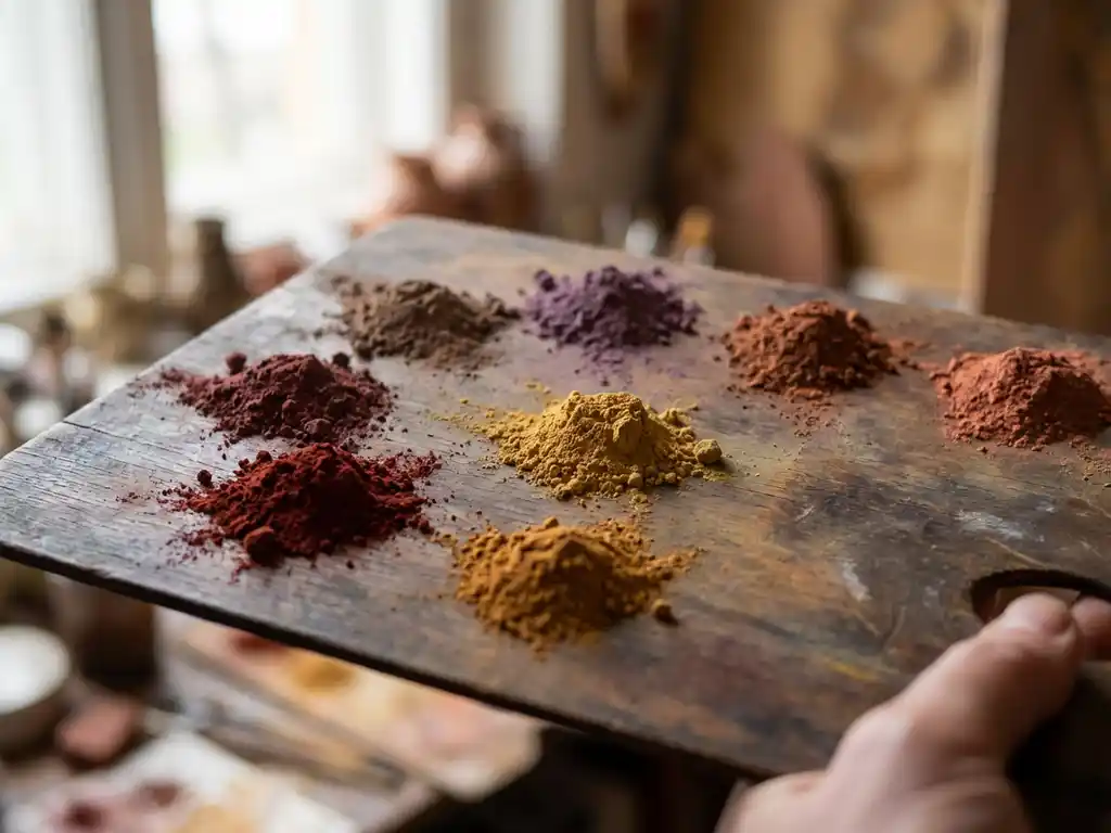 Holzpalette mit natürlichen Tonpigmenten in Erdtönen, Eisenoxide und Mangan erzeugen rote, gelbe und braune Farbtöne