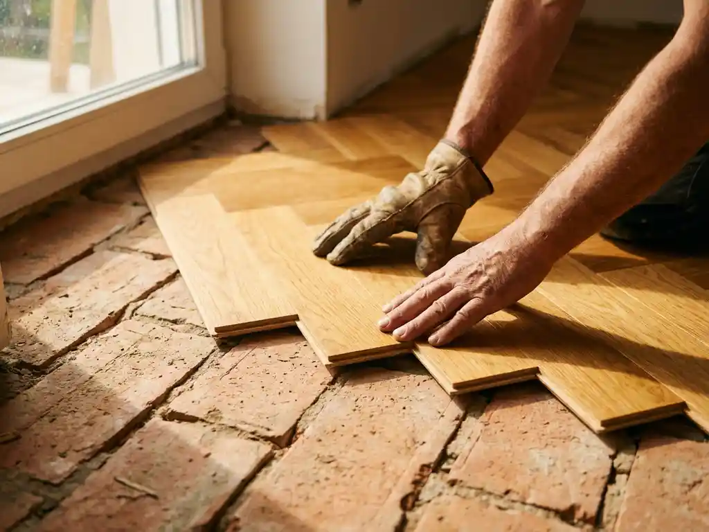 Handwerker installiert honigfarbene Parkettdielen über freiliegendem Ziegelunterboden bei natürlichem Sonnenlicht