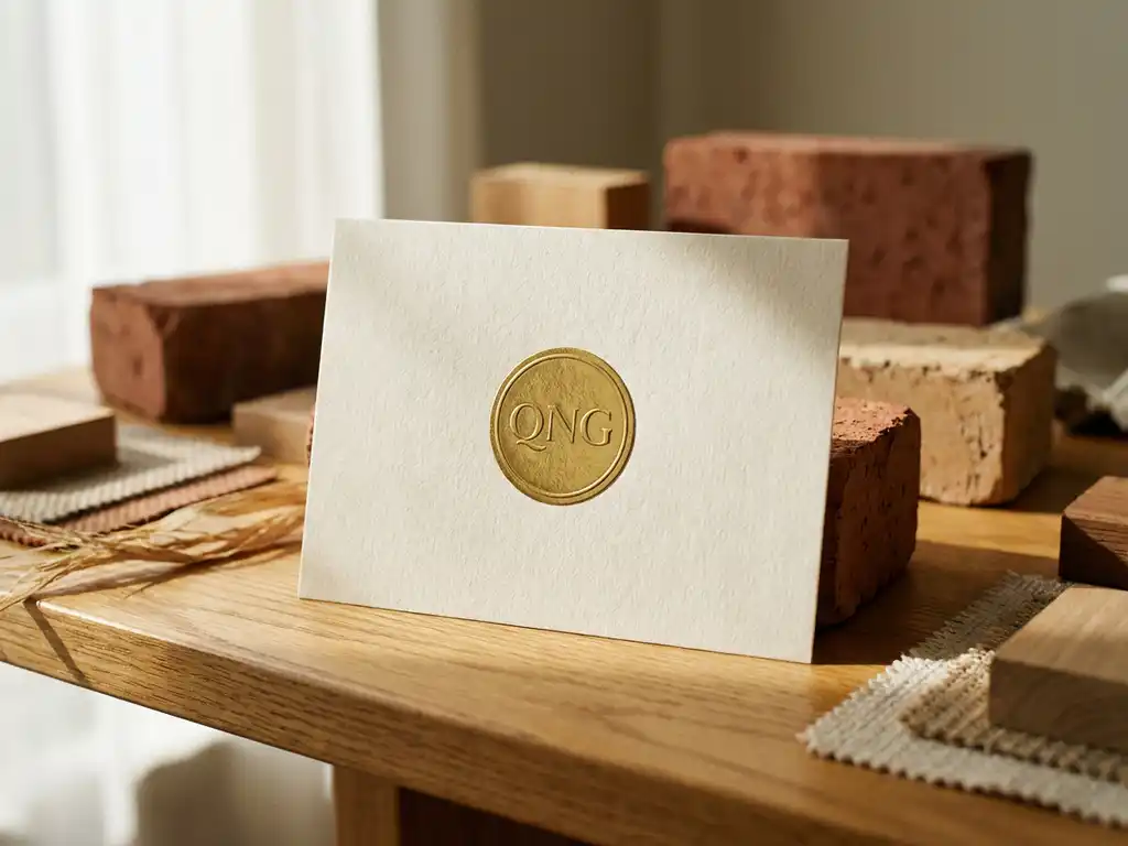 Goldenes QNG-Zertifizierungssiegel auf cremefarbenem Papier neben nachhaltigen Baumaterialien und Tonziegelproben auf Eichenschreibtisch