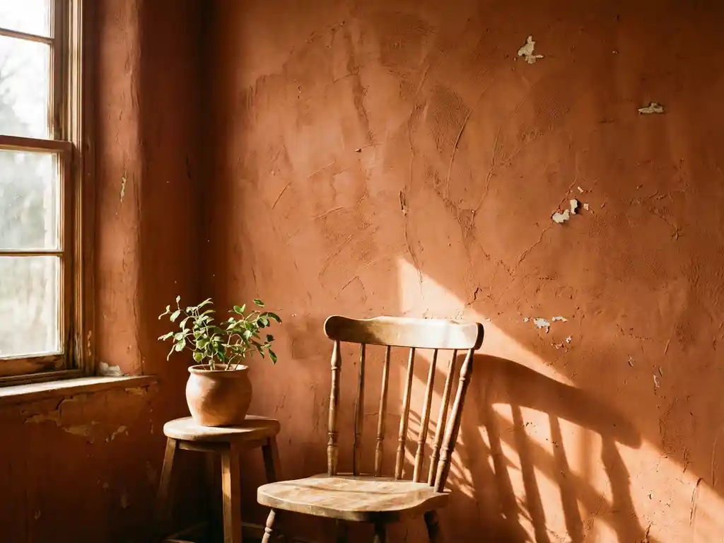 Verwitterte Innenwand mit strukturierter Terrakotta-Tonfarbe, warmes Sonnenlicht wirft Schatten, Holzstuhl und Topfpflanze