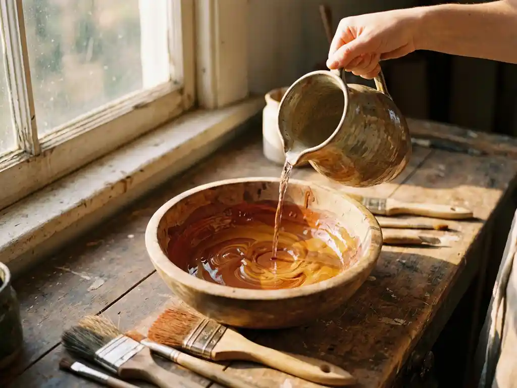 Holzschale mit Terrakotta-Farbe wird mit Wasser aus Keramikkrug verdünnt, marmorierte Wirbel, Pinsel auf Holztisch
