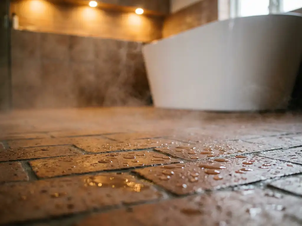 Terrakotta-Ziegelfliesen im modernen Badezimmer mit Wassertropfen auf versiegelter Oberfläche, weiße Badewanne sichtbar