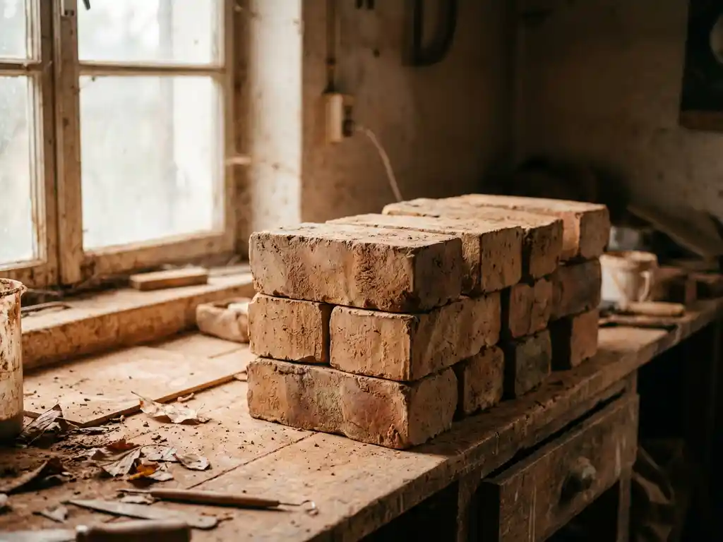 Stapel präzise geschnittener terrakottafarbener Lehmziegel auf verwitterter Holzwerkbank mit natürlicher Oberflächentextur
