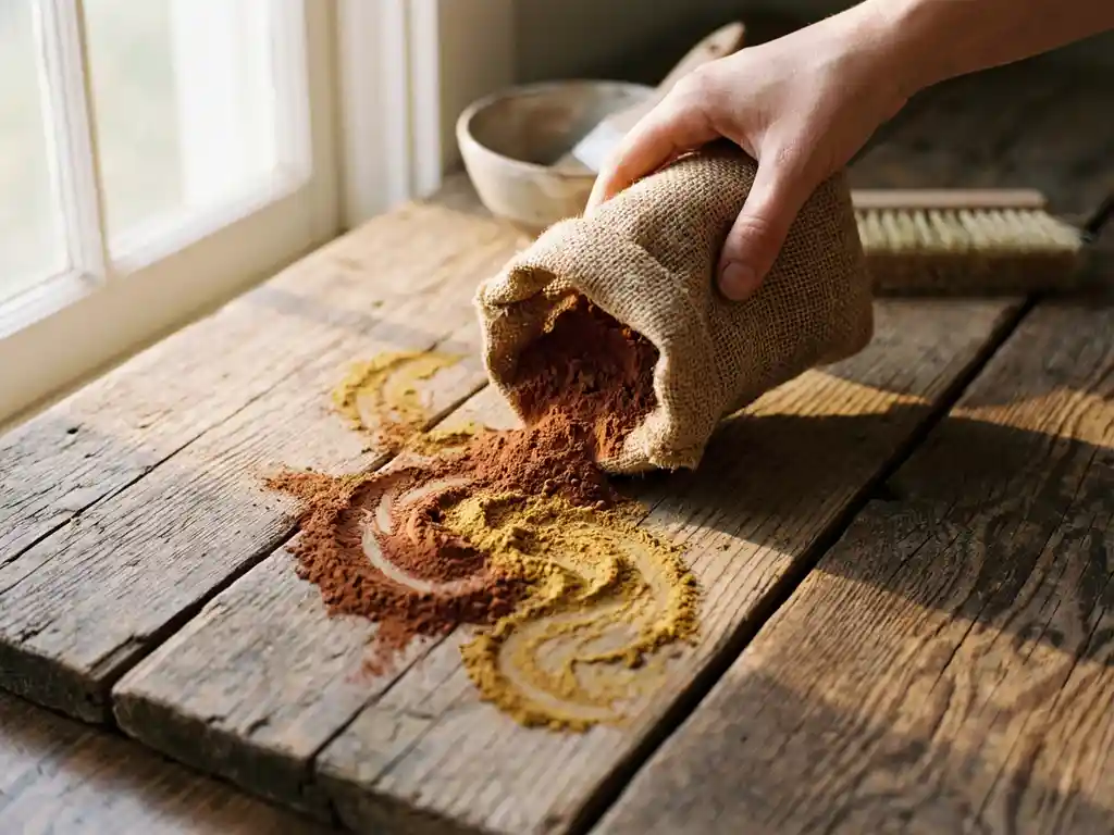 Natürliche Tonfarbe-Pigmente verschüttet aus Jutesack auf verwitterte Holzdielen, warme Terrakotta-Töne im Morgenlicht