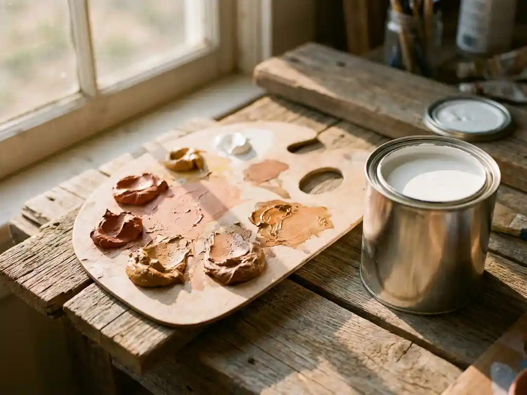 Holzpalette mit erdigen Tonfarben in Terrakotta, Ocker und Siena neben weißer Farbdose auf verwitterten Holzplanken