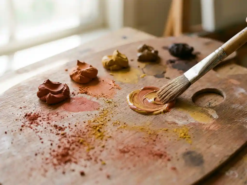 Holzpalette mit Tonfarben in Terrakotta, Ockergelb und Umbra, Pinsel mischt Farben am Rand, Pigmentpulver verstreut