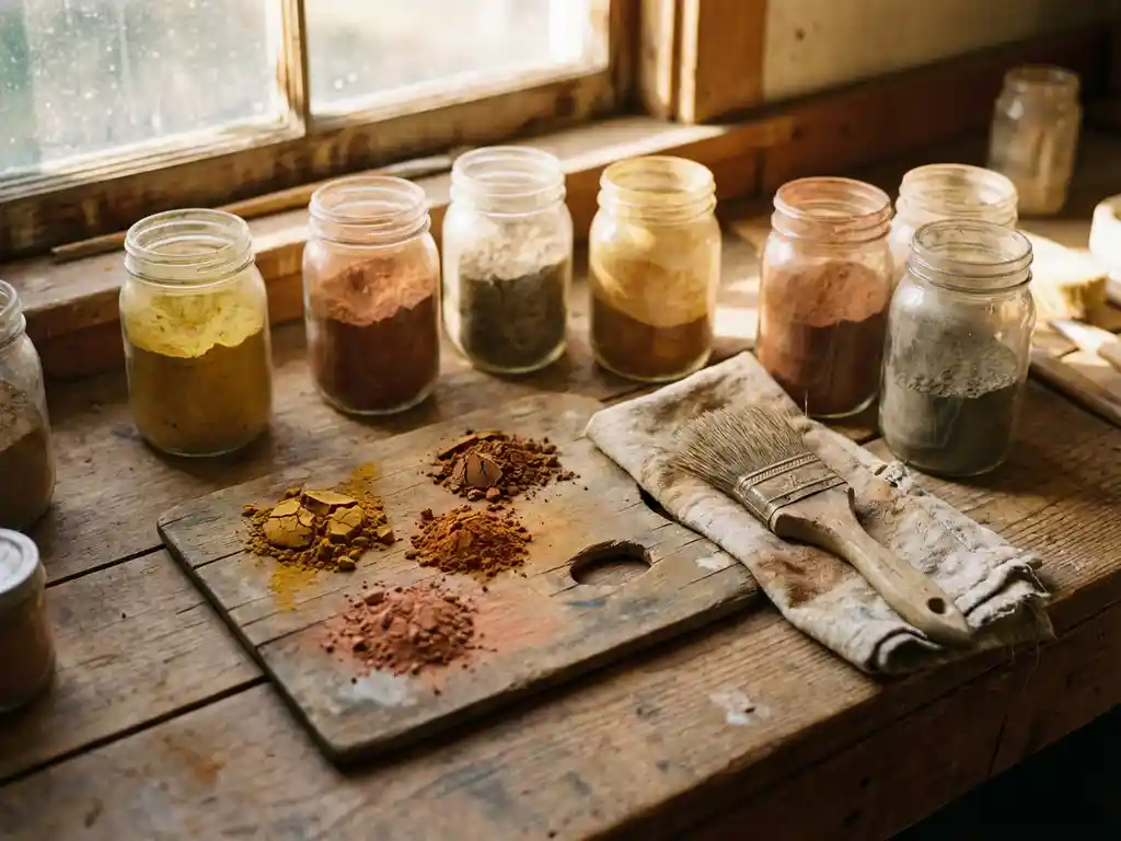 Verwitterte Holzpalette mit Tonpigmenten in Ocker, Siena und Terrakotta neben Pinseln und Mineralpulver-Gläsern auf rustikalem Arbeitstisch