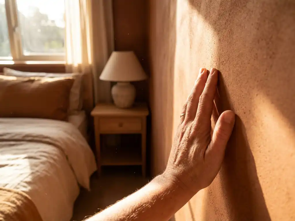 Hand berührt sanft natürliche Lehmwand in warmem Sonnenlicht, Schlafzimmer mit Holzmöbeln und erdigen Terrakotta-Tönen