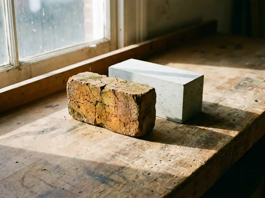Verwitterter Tonziegel und glatter Betonblock nebeneinander auf rustikaler Holzwerkbank, natürliches Sonnenlicht wirft sanfte Schatten