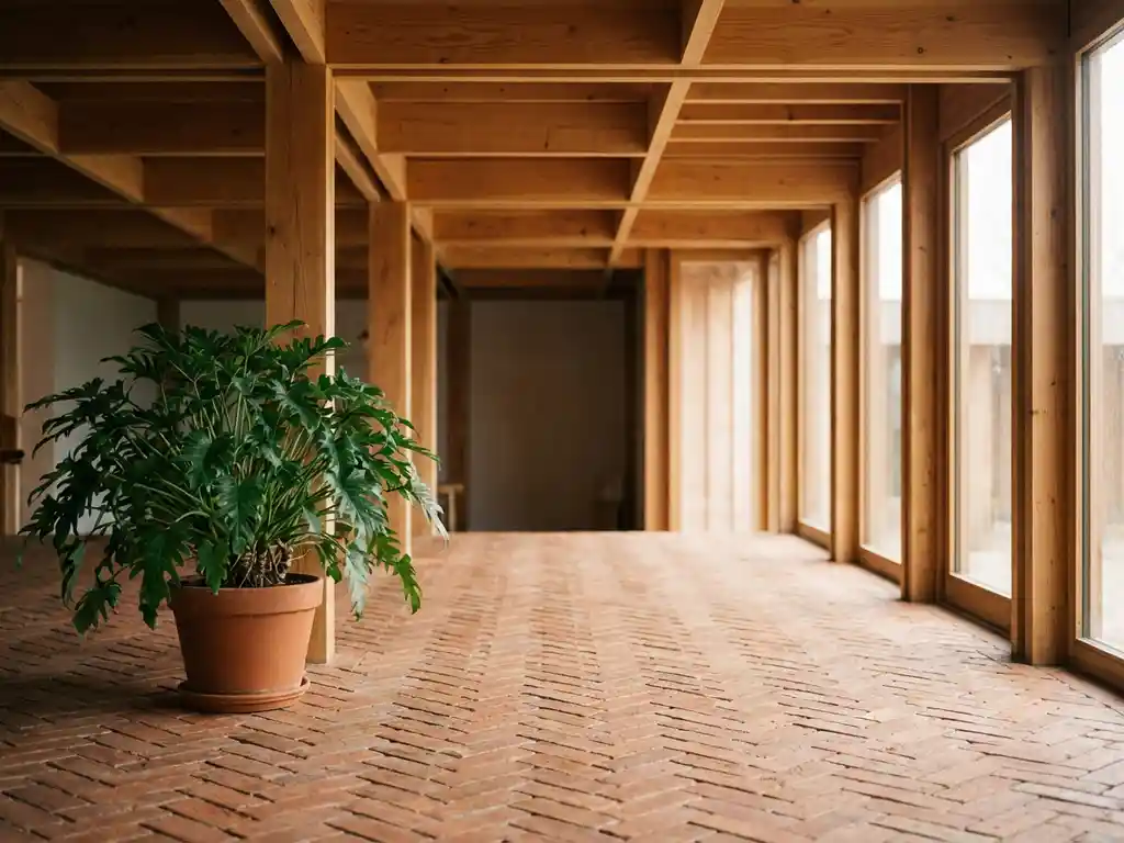Modulares Gebäude mit freiliegenden Terrakotta-Ziegeln in geometrischen Mustern, Holzbalken und grüner Topfpflanze