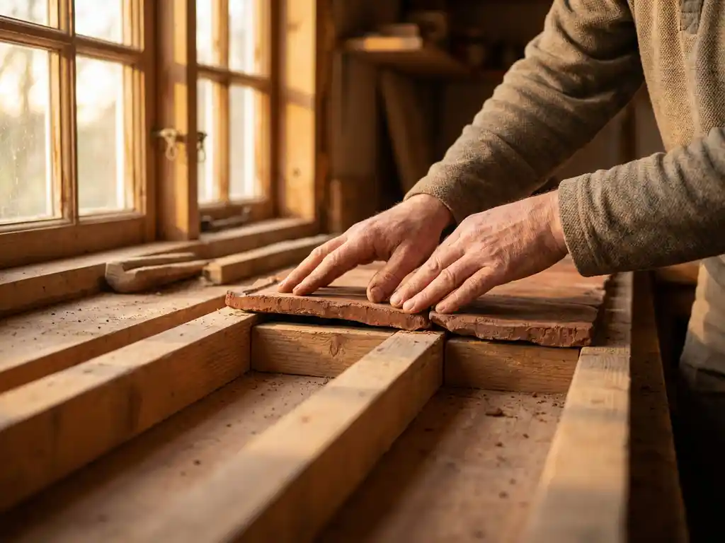 Handwerker verlegt natürliche Tonziegel zwischen Holzbalken einer Decke in warmem Licht