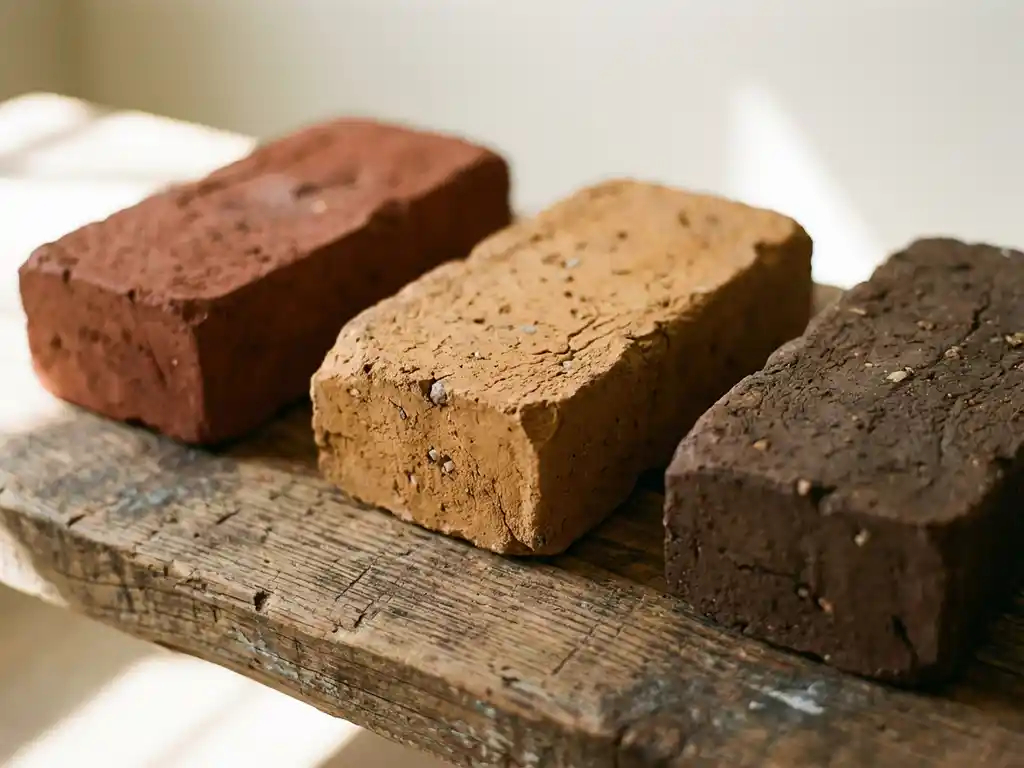 Drei Tonziegel mit natürlichen Texturen in Terrakotta-, Ocker- und Brauntönen auf verwittertem Holz bei Tageslicht
