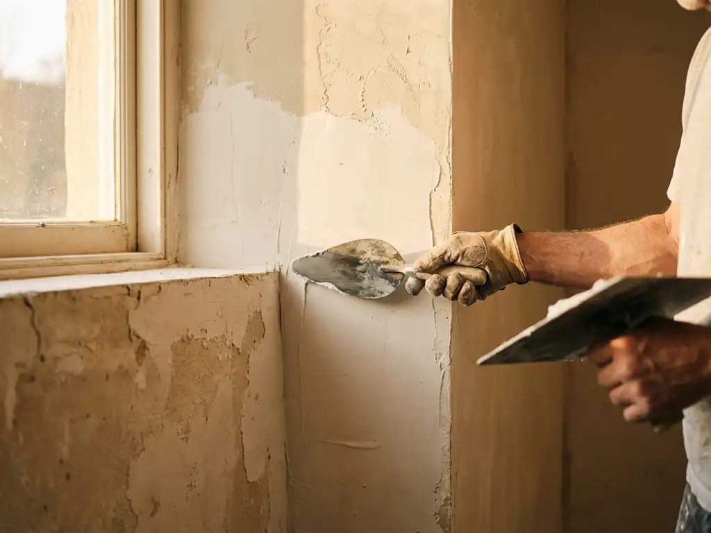 Handwerker trägt mit Stahlkelle frischen weißen Putz auf Innenwand auf, verschiedene Putztexturen sichtbar