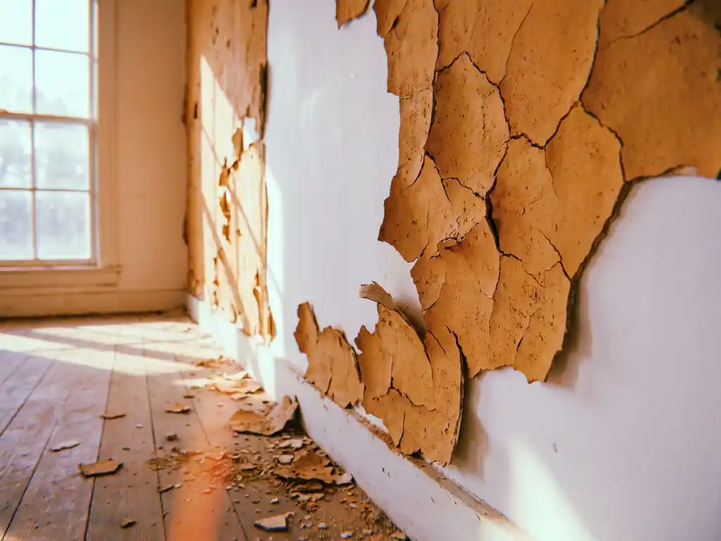 Abblätternde erdige Lehmfarbe mit aufgerollten Rändern auf weißer Innenwand, Farbstücke auf Holzboden darunter