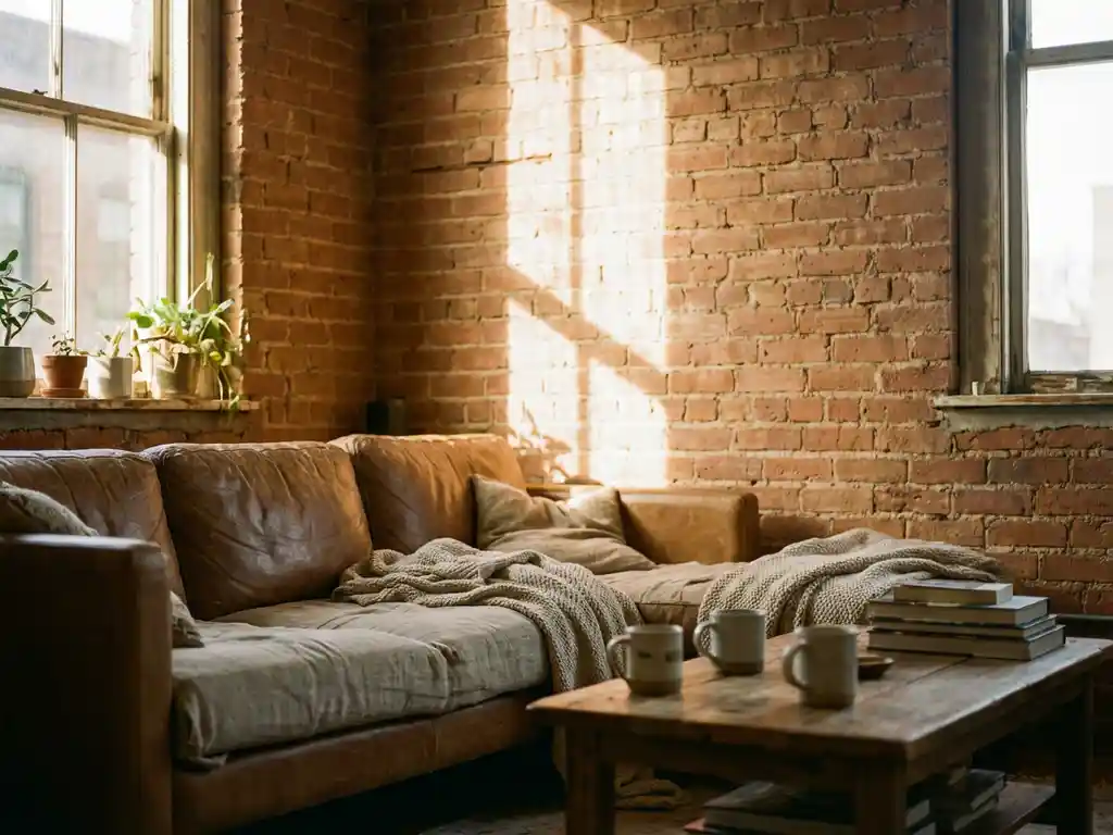 Gemütliches Wohnzimmer mit Sonnenlicht durch große Fenster auf Lehmziegelwände, Sofa und Holztisch in warmen Terrakotta-Tönen
