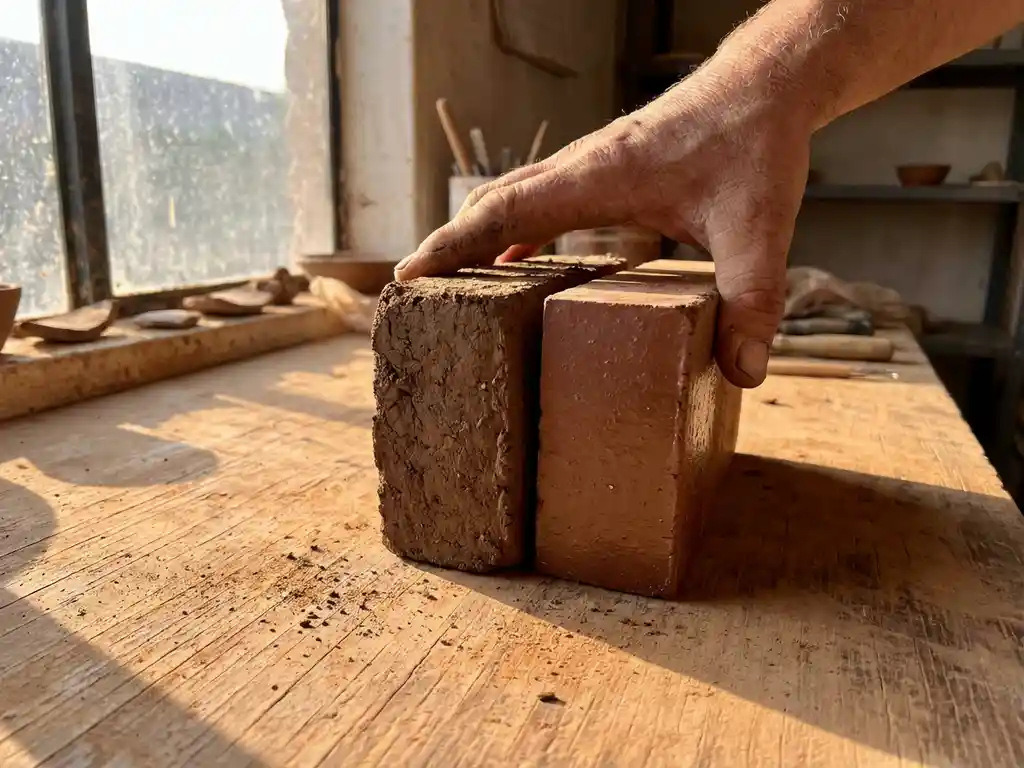 Handwerkerhand hält zwei Ziegelsteine - einen rauen Tonziegel und einen glatten gebrannten Ziegel auf Holzwerkbank