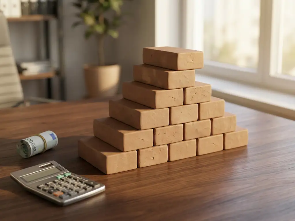 Moderne Tonziegel in Pyramidenform auf Holzschreibtisch mit Taschenrechner und Euro-Banknoten für Kostenanalyse