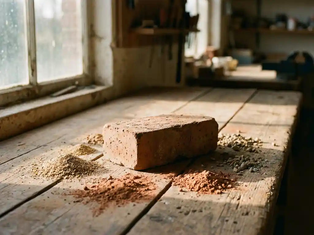 Terrakotta-Ziegelstein auf rustikaler Holzwerkbank mit Sand und Tonpulver, warmes natürliches Licht aus Werkstattfenster