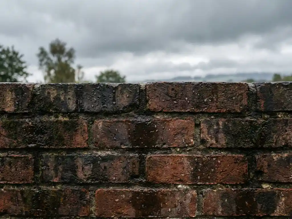 Verwitterte Ziegelsteinmauer mit Regentropfen und natürlicher Patina vor bewölktem Himmel, warme Terrakotta-Töne