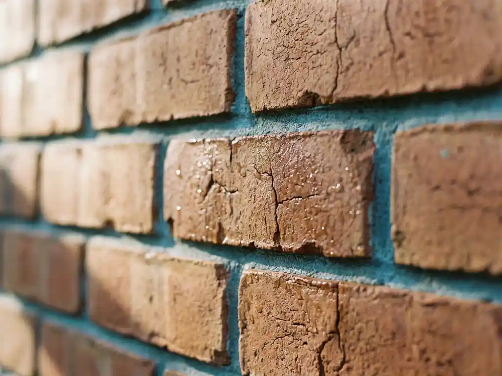 Terrakotta-Ziegelwand mit natürlicher Textur und Wassertropfen, sanftes Tageslicht erzeugt Schatten zwischen Fugen