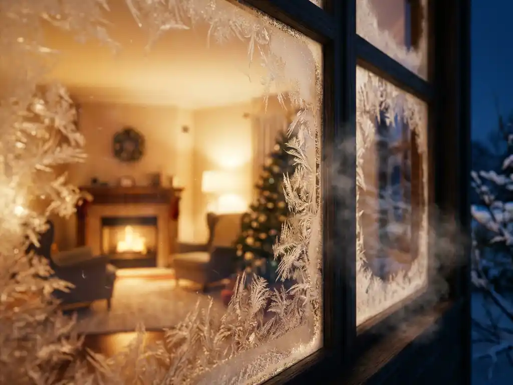 Vereistes Fenster mit goldgelbem Innenlicht, das durch feine Eiskristallmuster auf dem kalten Glas leuchtet, gemütliches Wohnzimmer im Hintergrund.