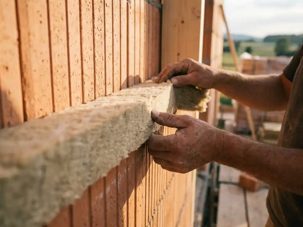 Handwerker positioniert Mineralwolle-Dämmstreifen auf roter Ziegelsteinmauer im Rohbau, warmes Nachmittagslicht.