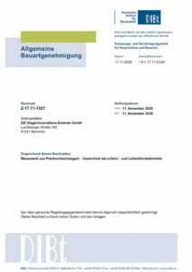 Leipfinger-Bader Zulassung Z-17.11-1327 Mauerwerk aus Planhochziegeln und Lehm-Dünnbettmörtel
